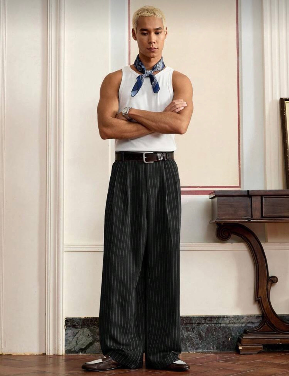 SWVY Men Casual Striped Suit Pants