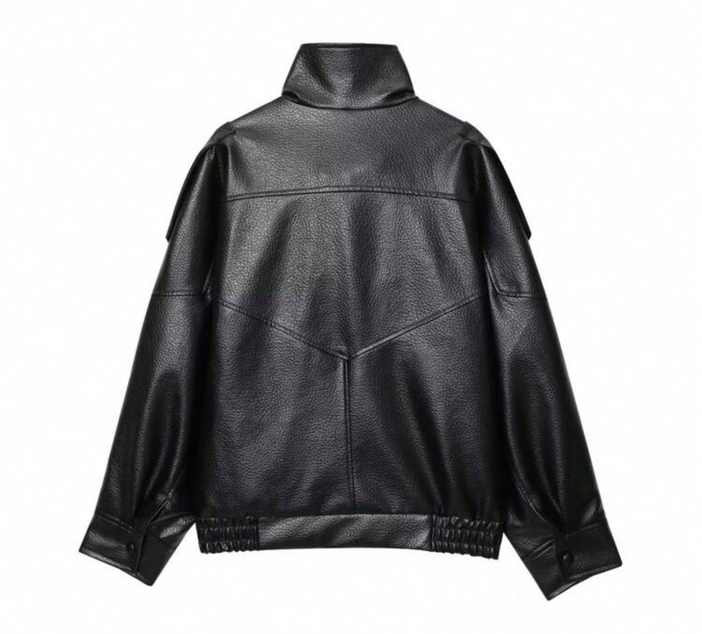 Black Faux Leather Loose Bomber Jacket