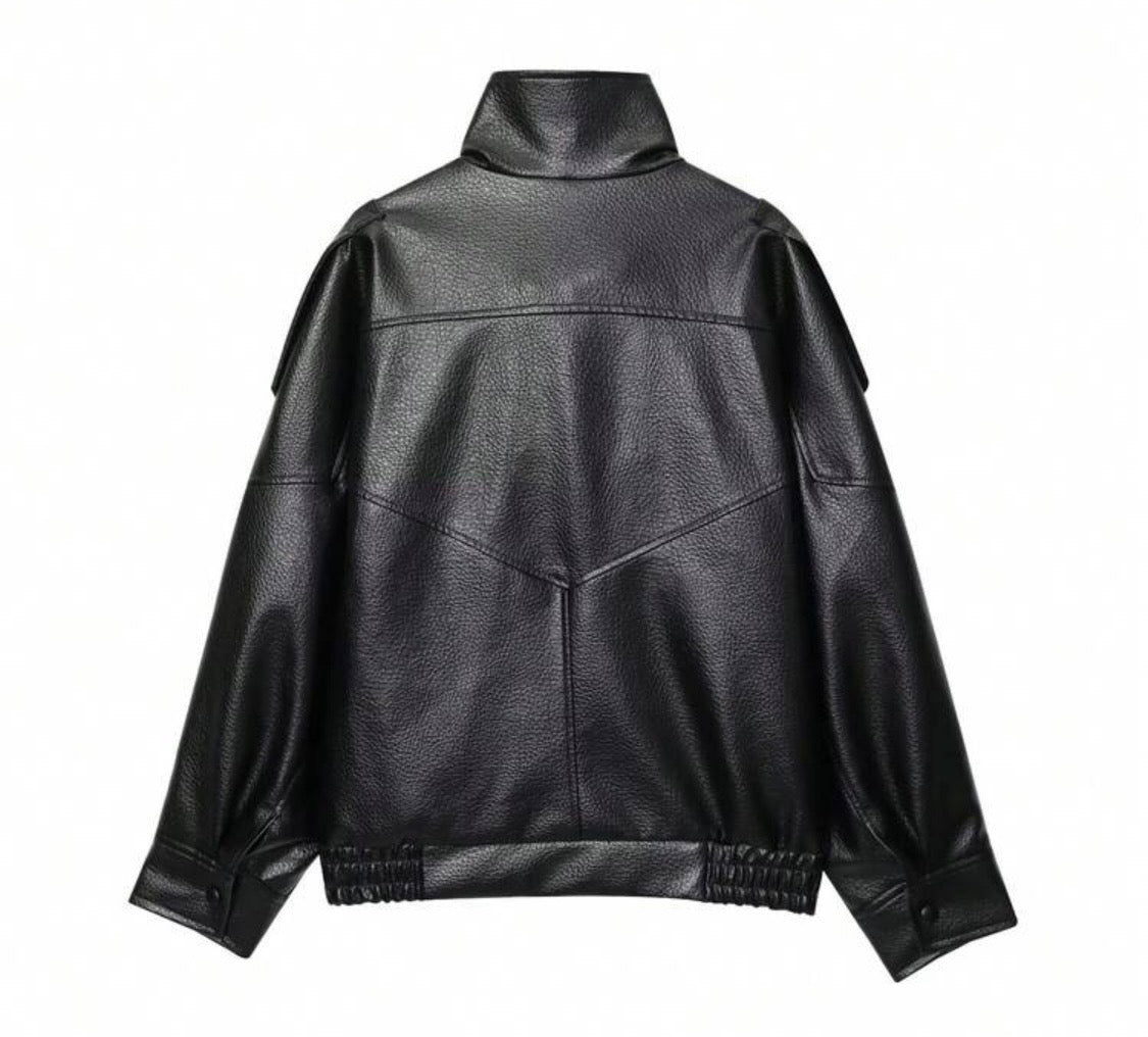 Black Faux Leather Loose Bomber Jacket