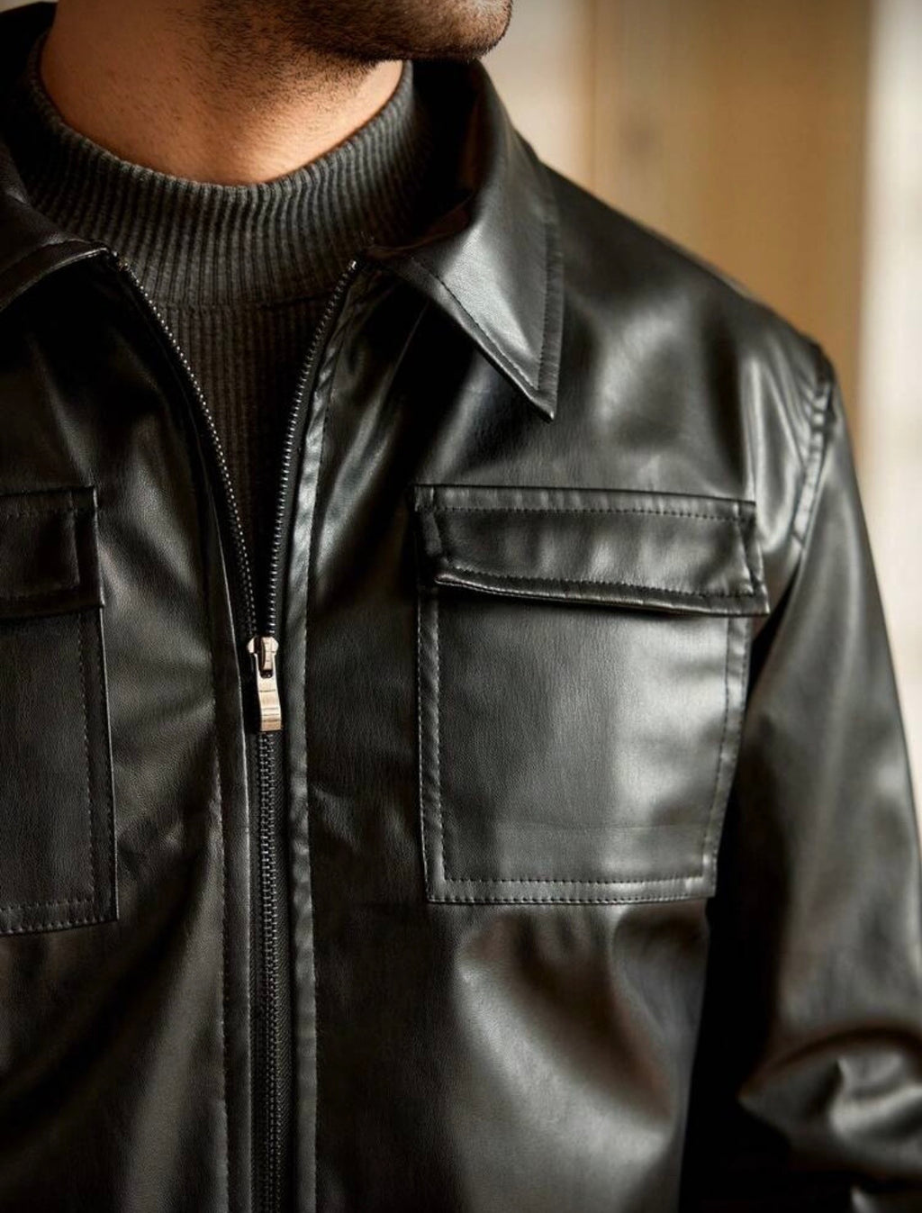 HIMLAND Black Long Sleeve Leather Jacket
