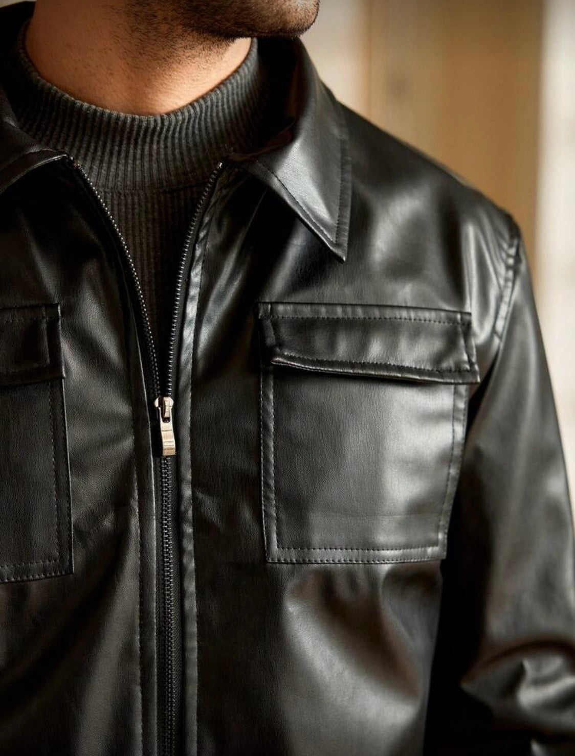 HIMLAND Black Long Sleeve Leather Jacket