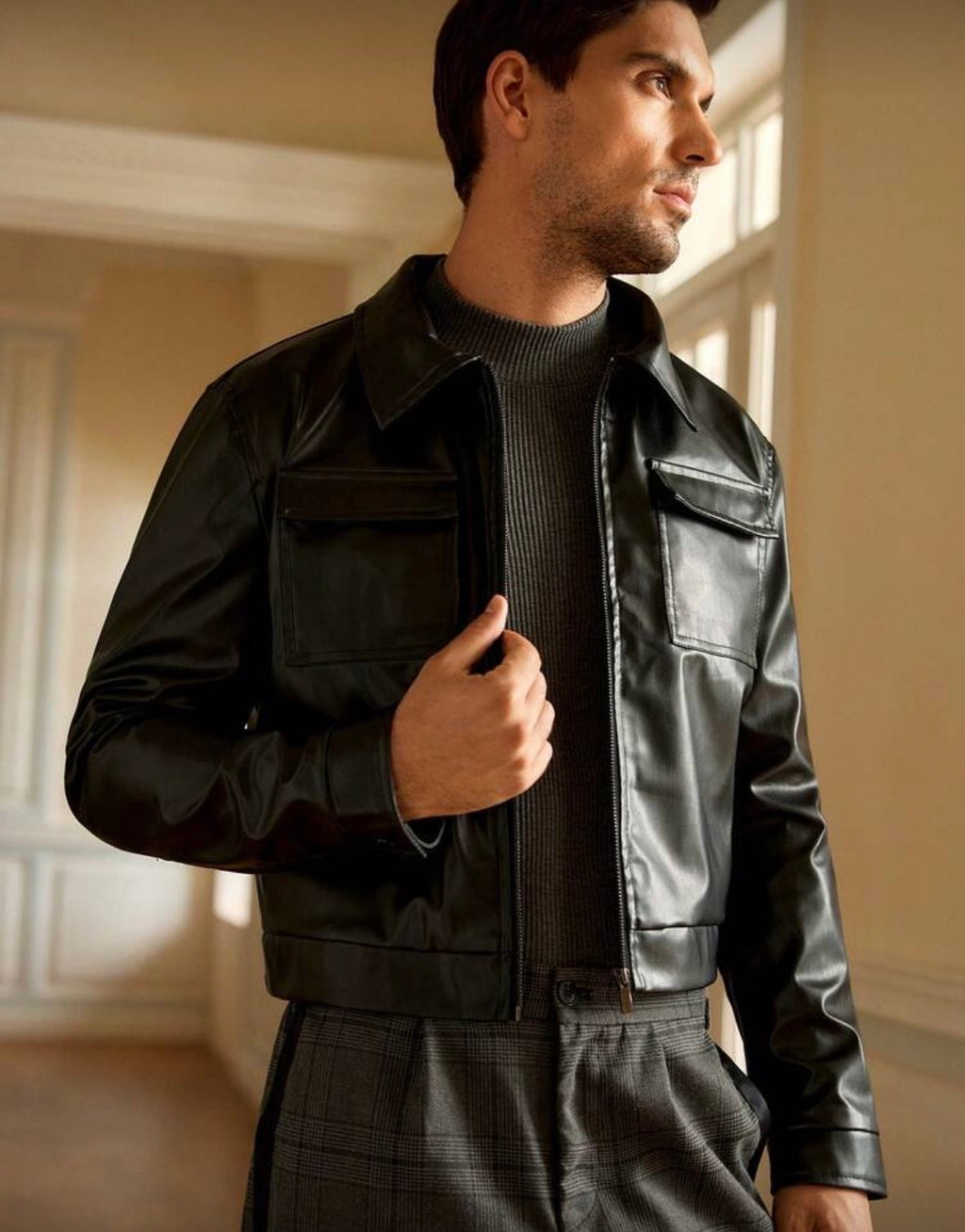 HIMLAND Black Long Sleeve Leather Jacket