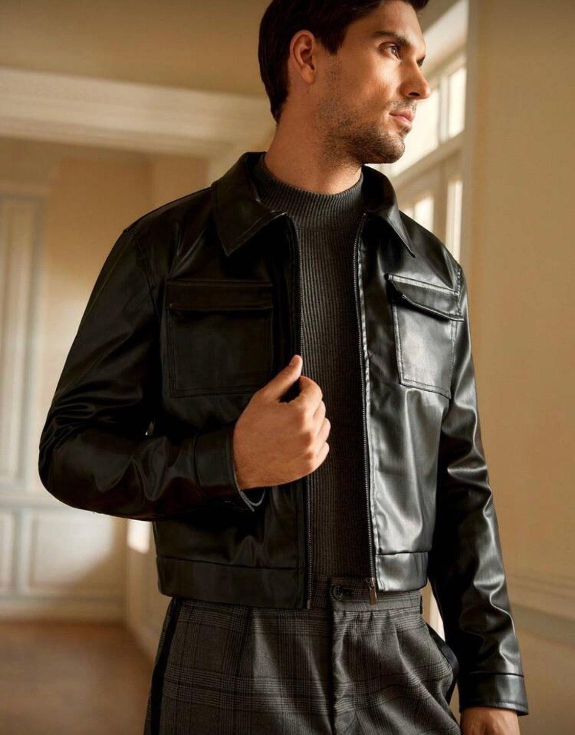 HIMLAND Black Long Sleeve Leather Jacket